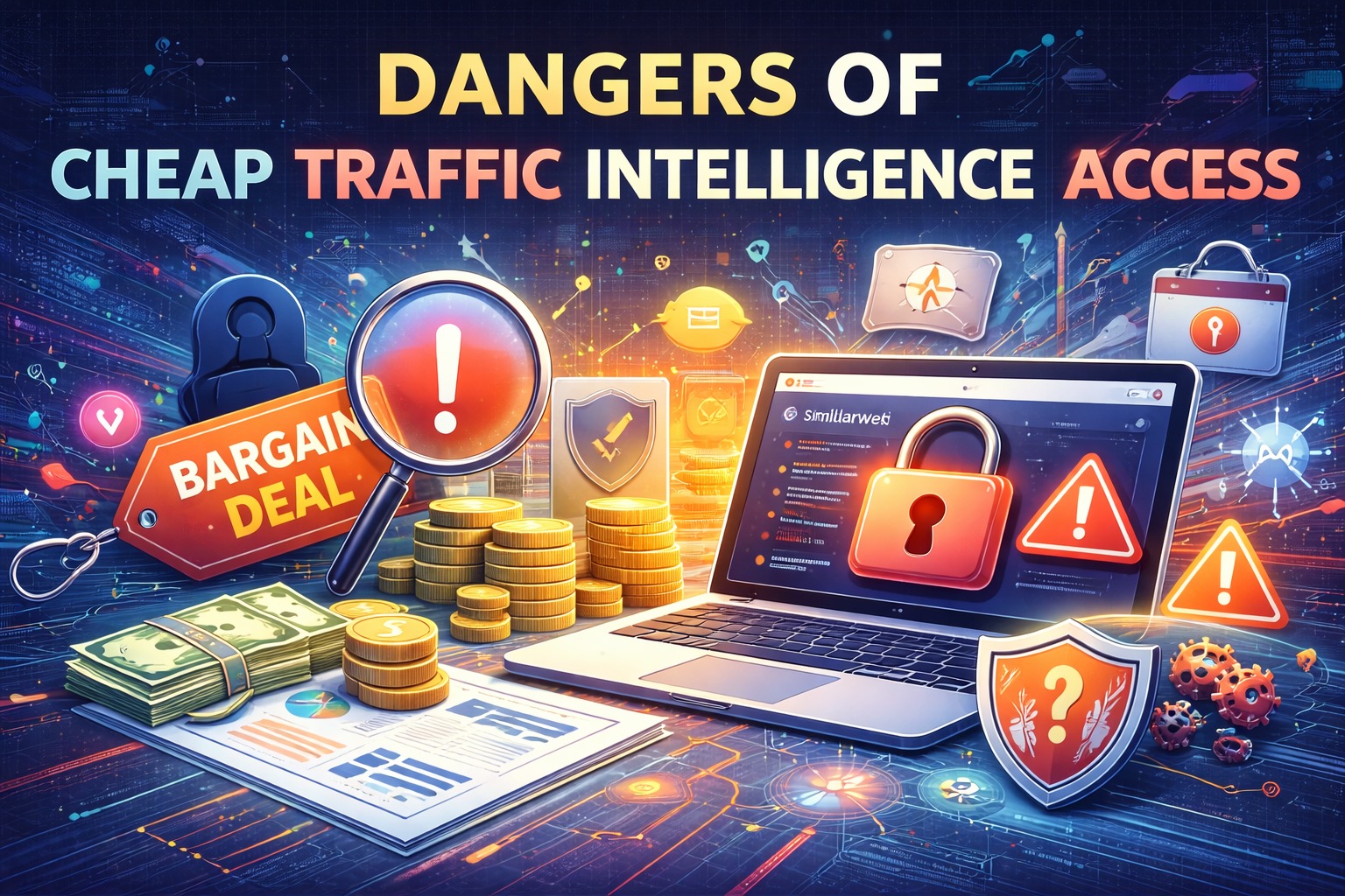 Cheap Similarweb access risks thumbnail: security exposure, unstable access, data reliability issues, and procurement warning signals.