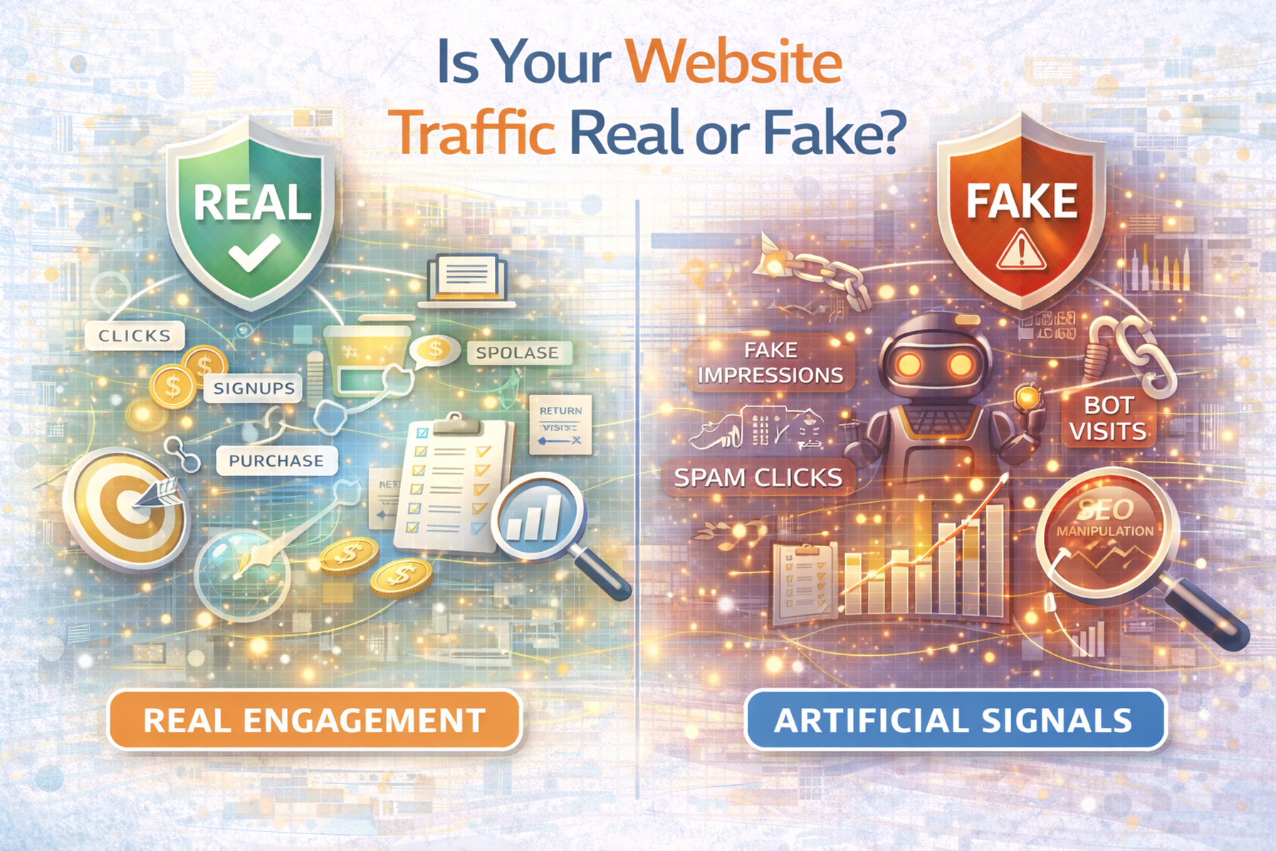 Real vs Fake Traffic thumbnail: compare genuine engagement signals against artificial activity patterns to protect performance and analytics.