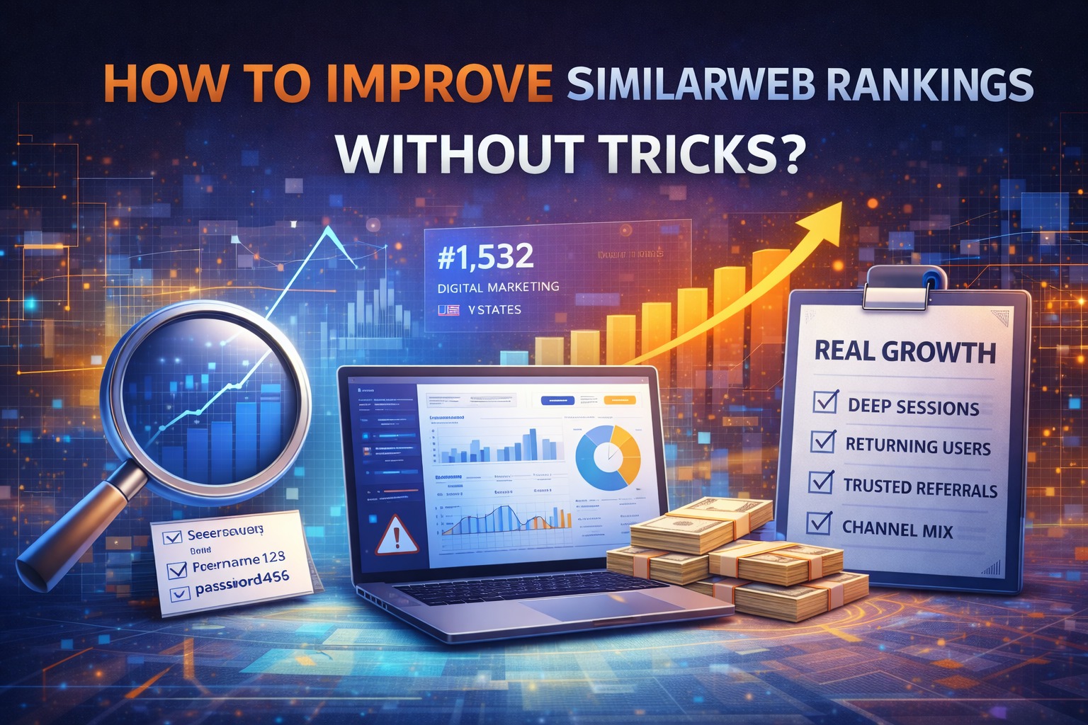 Improve Similarweb rankings without tricks thumbnail: real growth signals, deeper sessions, returning users, trusted referrals, and channel mix.
