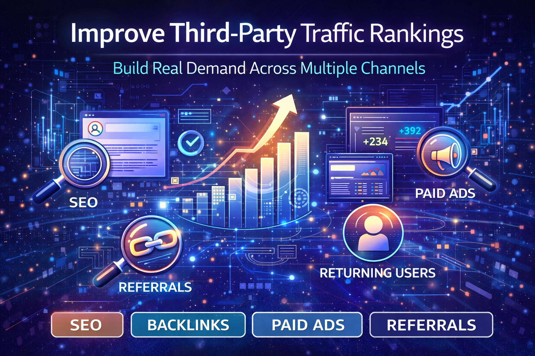 Improve Third-Party Traffic Rankings thumbnail: build real demand with SEO, referrals, paid acquisition, and returning visitors.