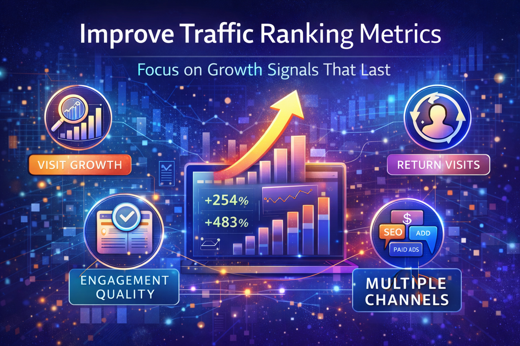 Improve Traffic Ranking Metrics thumbnail: focus on growth signals that last, including visit growth, engagement quality, return visits, and multiple channels.