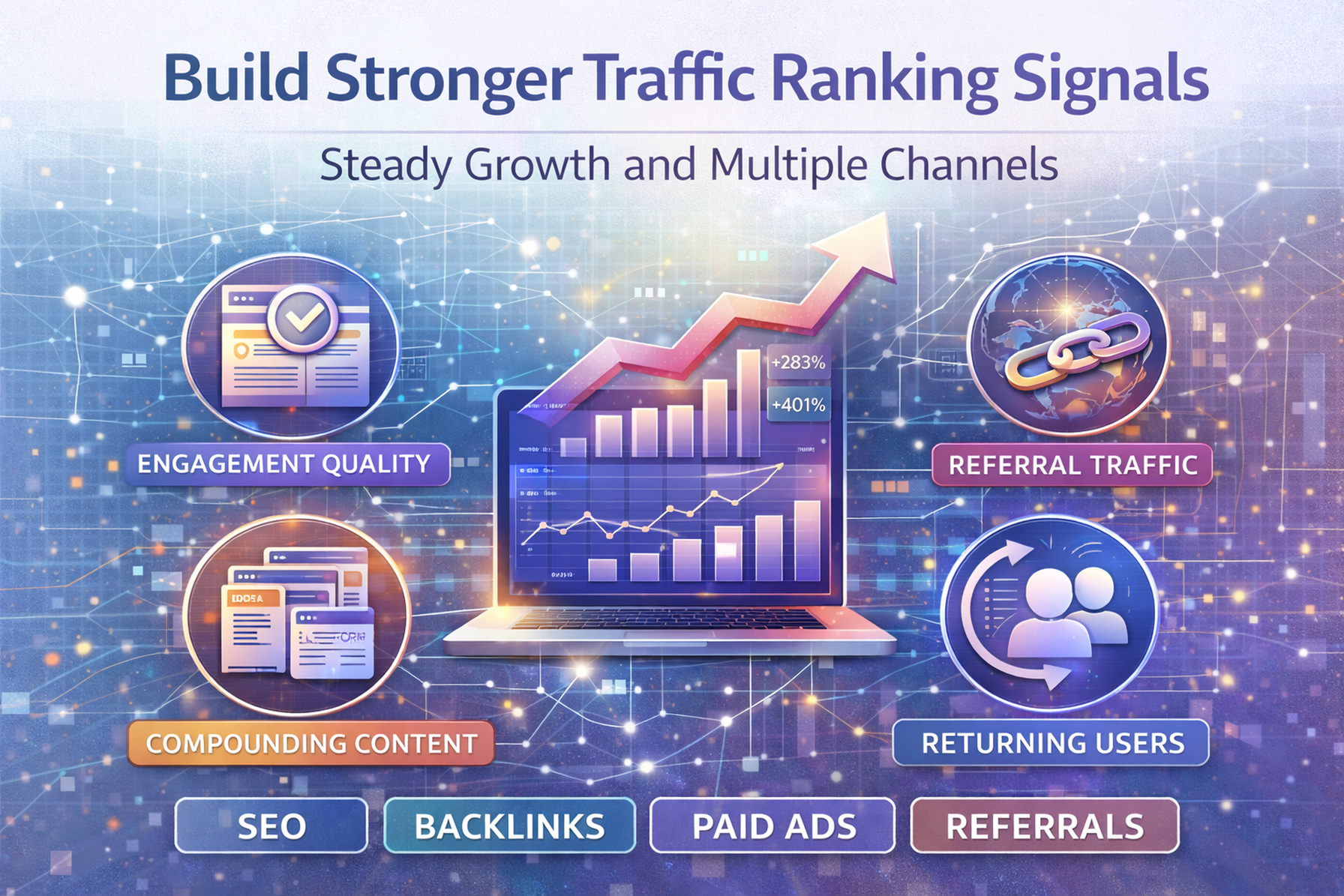Build Stronger Traffic Ranking Signals thumbnail: steady growth, multiple channels, engagement quality, referral traffic, compounding content, and returning users.