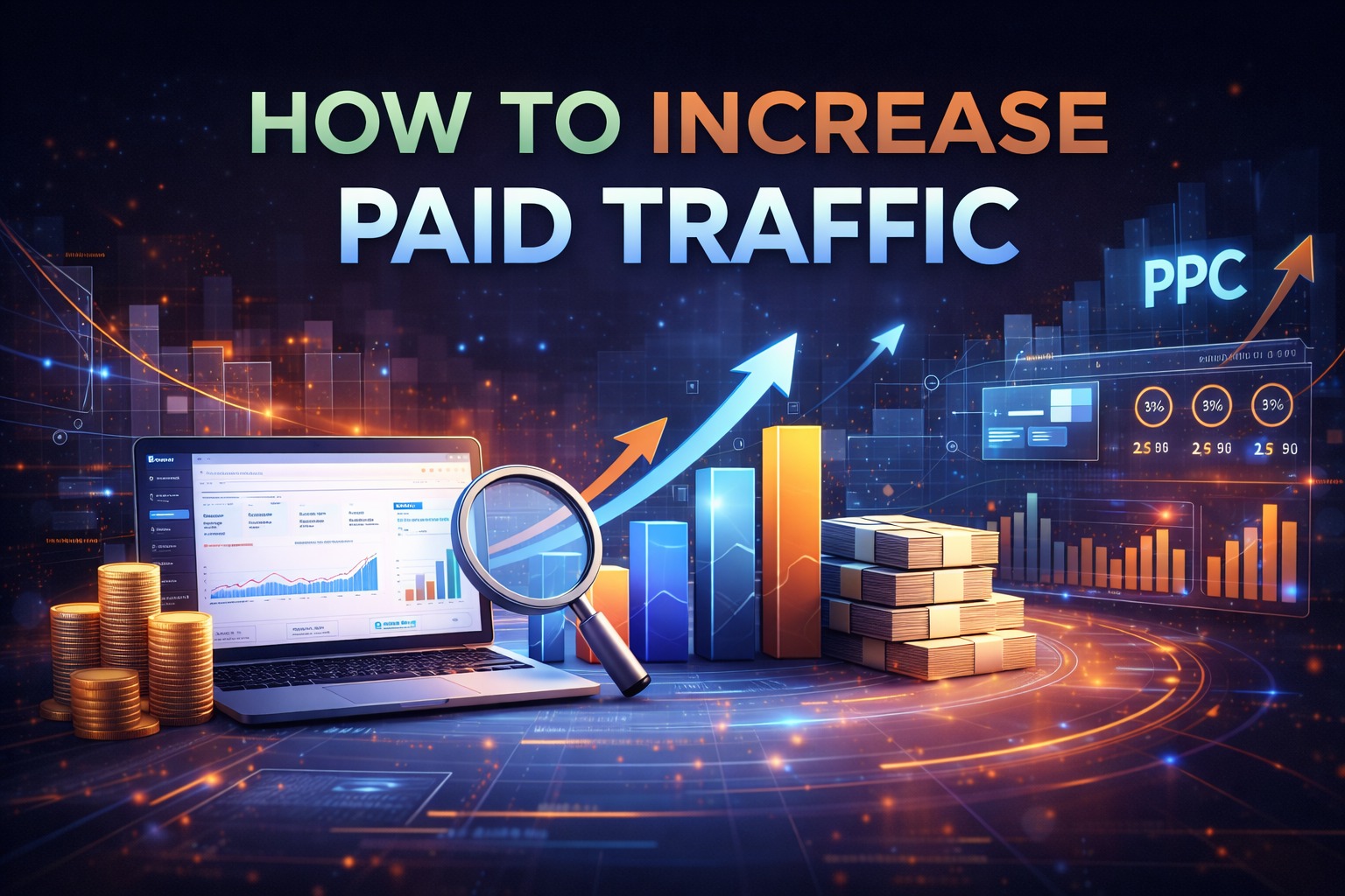 How to Increase Paid Traffic thumbnail: PPC analytics dashboard concept with performance charts, scalable budget control, and conversion-focused growth signals.