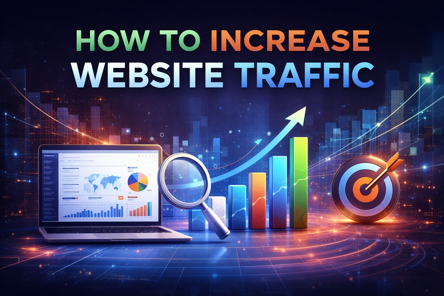 How to Increase Website Traffic thumbnail: analytics dashboard concept with growth charts, channel signals, and performance acceleration visuals.