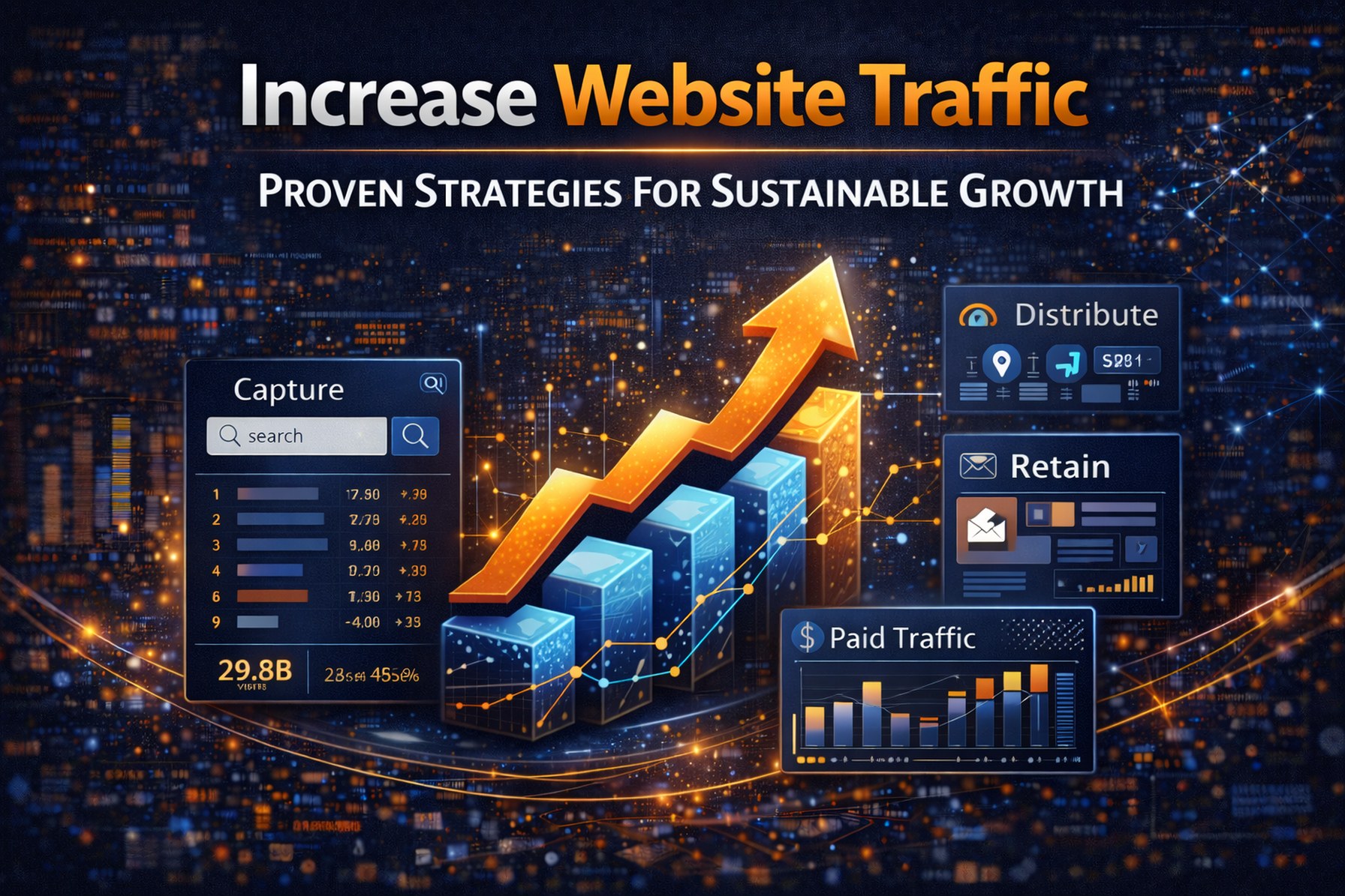 Increase Website Traffic thumbnail: proven strategies to capture, distribute, retain, and scale growth with data-driven tactics.