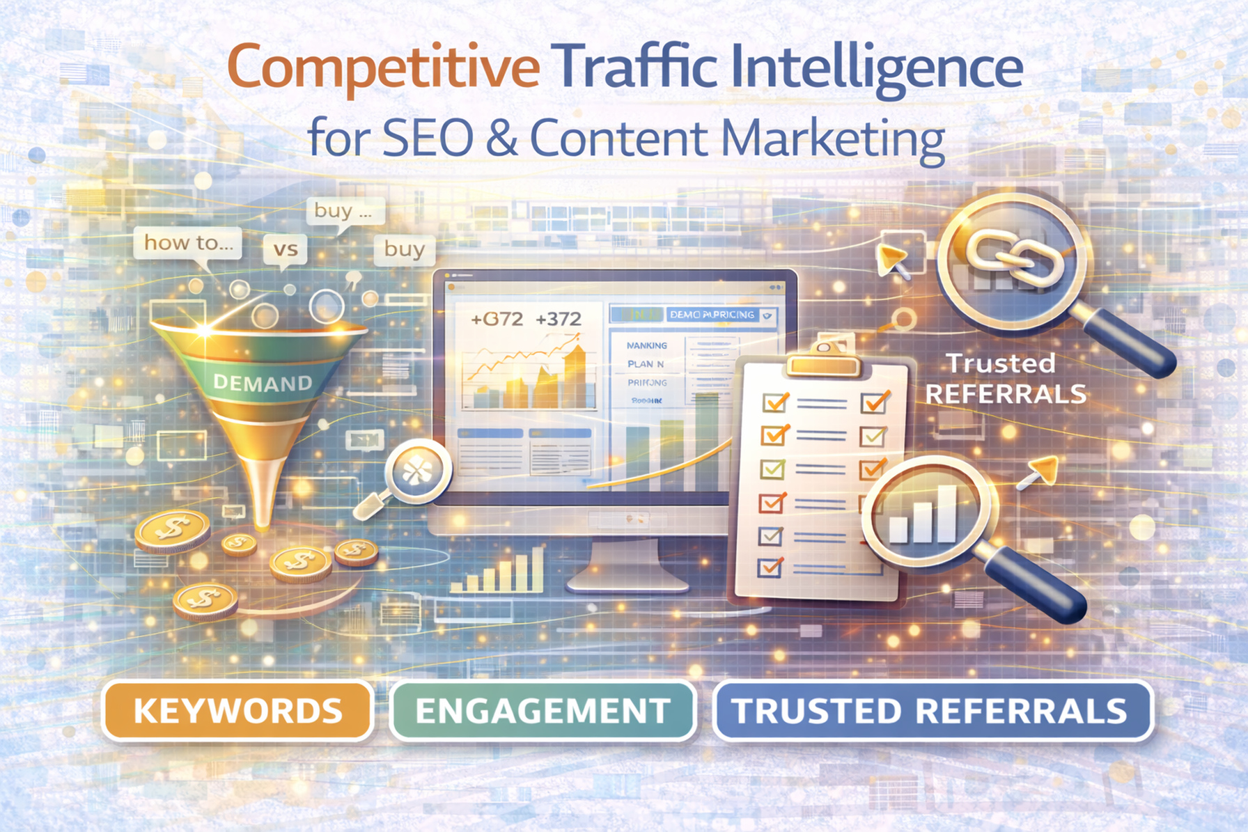 Competitive Traffic Intelligence thumbnail: use competitor signals to build an SEO and content roadmap with demand, engagement, and trusted referrals.