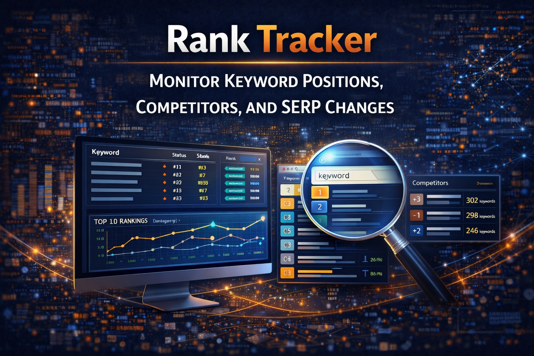 Rank Tracker thumbnail: monitor keyword positions, competitors, and SERP changes to improve search visibility.
