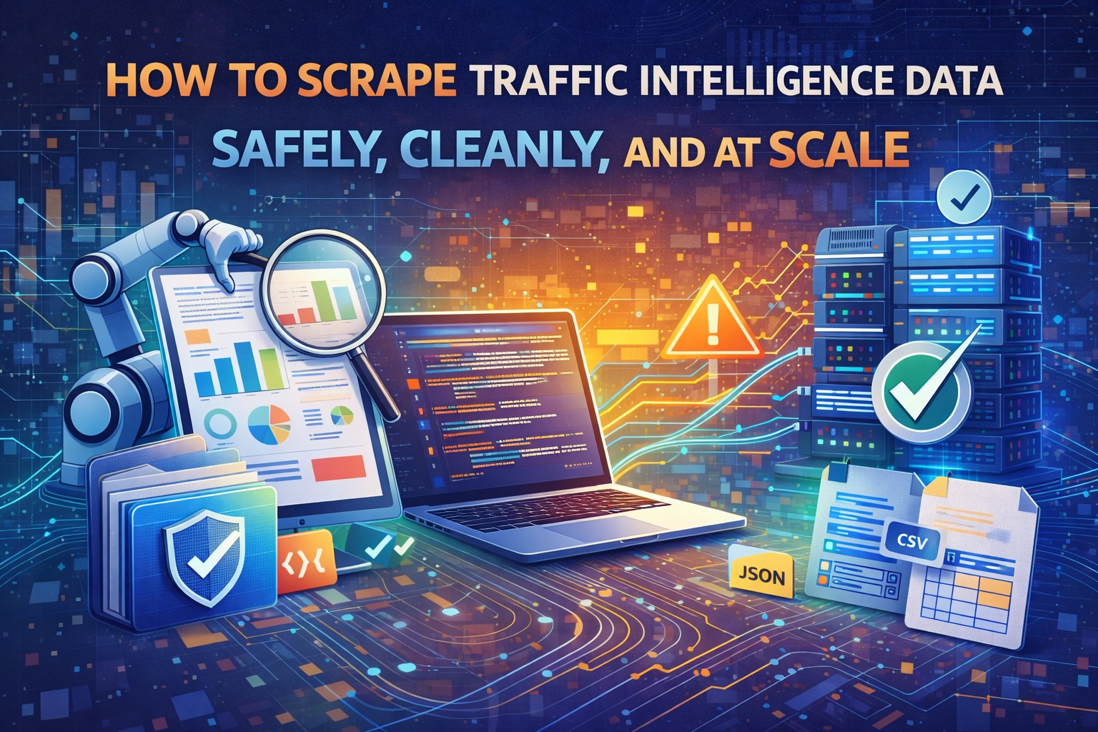 Scrape traffic intelligence data thumbnail: scalable data collection pipeline, controlled automation, structured exports, and safe monitoring signals.