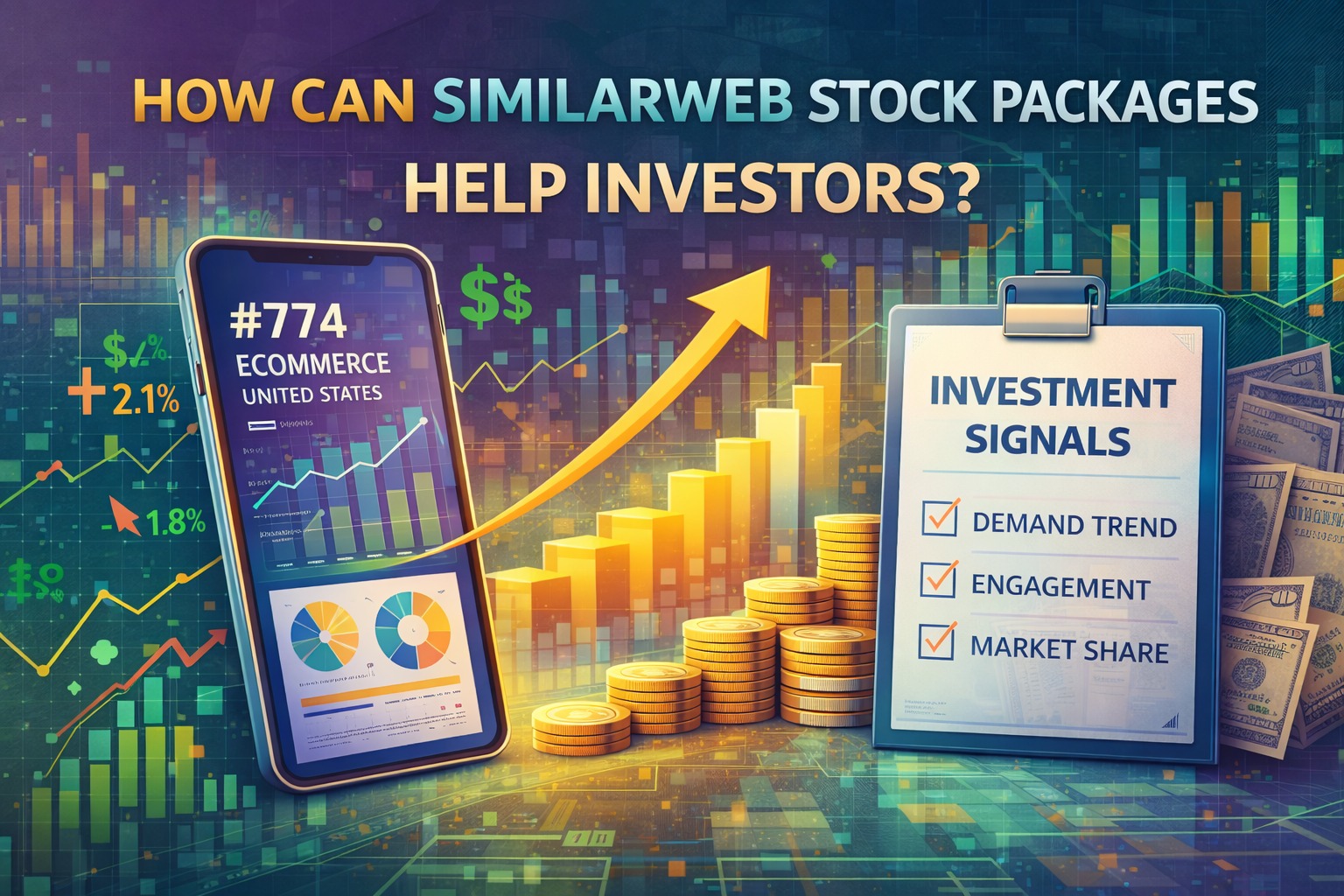 Similarweb stock packages thumbnail: investor intelligence dashboard with demand trends, engagement signals, market share benchmarking, and performance growth visuals.