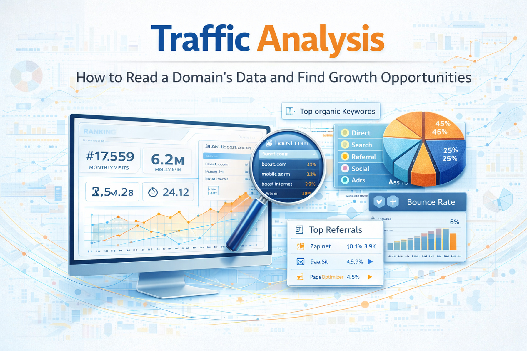 Domain Traffic Analysis thumbnail: analyze traffic, engagement, channels, and growth signals using clean, data-driven insights.