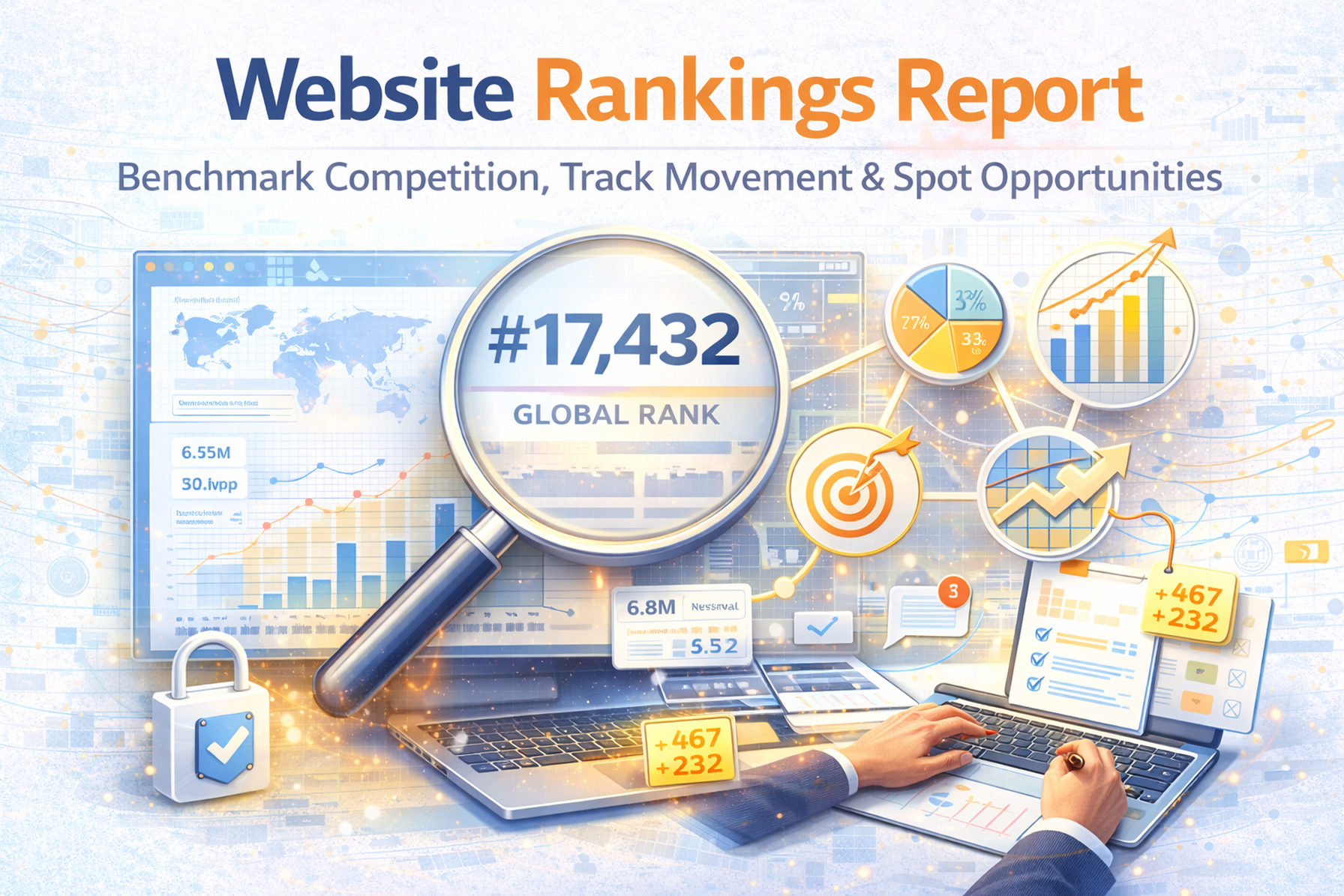 Website Rankings Report thumbnail: benchmark competition, track movement, and spot opportunities using ranking and traffic signals.