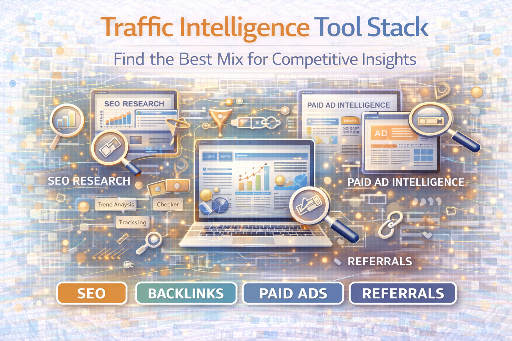 Traffic Intelligence Tool Stack thumbnail: combine SEO research, backlink analysis, paid ads intelligence, and referral insights for competitive growth.